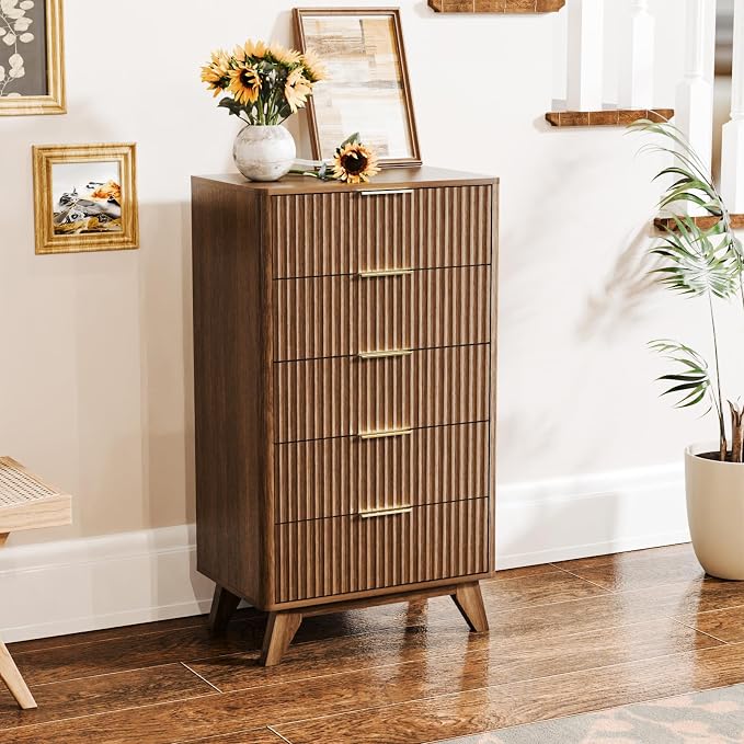 VINGLI Fluted Tall Dresser 5 Drawer, 23.66" W Chest of Drawers, Walnut Wood Dresser for Bedroom Mid Century Modern with Rounded Edge, 23.66" W*15.59" D*44.88" H