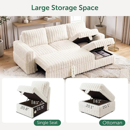 HONBAY Plush Corduroy Modular Sectional Sofa with Pull Out Bed L Shaped Sleeper Sofa with Storage Sectional Couches for Living Room,Plush Beige