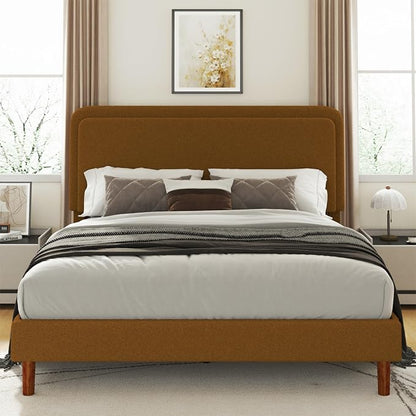 King Size Boucle Platform Bed Frame with Adjustable Headboard, Upholstered Cloud Bed, Solid Wooden Legs, No Box Spring Needed, Easy Assembly, Brown