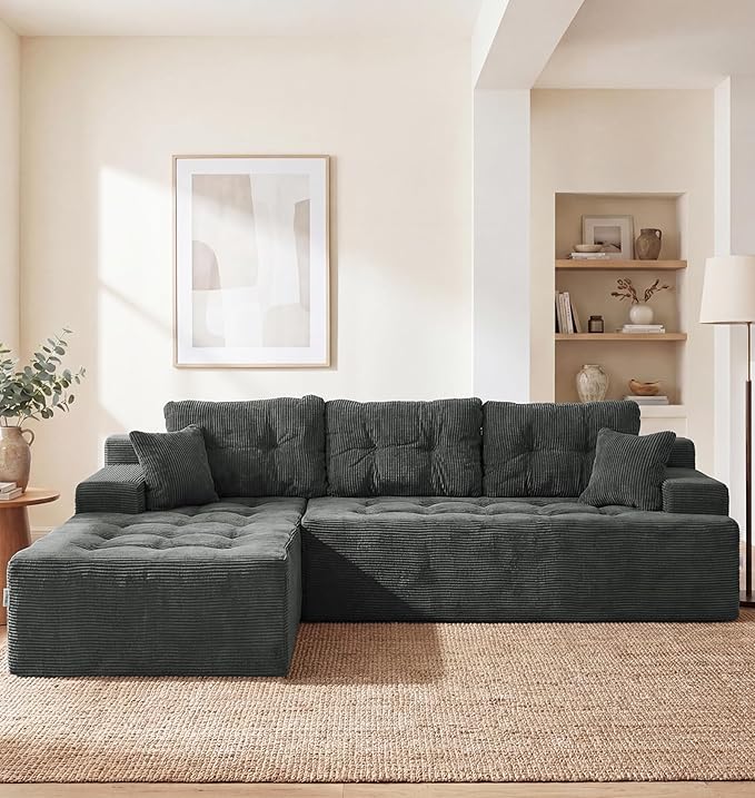 Hobestluk Modular Sectional Sofa Couches L-Shape Couch 3 Seat Modular Sofa Memory Foam Sectional Couches for Living Room, Cloud Couch with Oversized Chaise (Charcoal Corduroy, 96", Left Hand Facing)