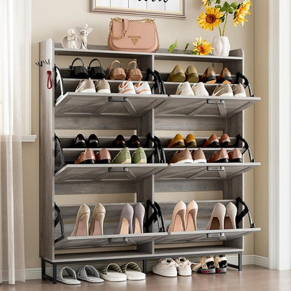 BORNOON Shoe Cabinet with 6 Flip Drawers Narrow Shoe Storage Cabinet Organizer Wooden Freestanding Shoe Rack Hidden Slim Shoes Storage Cabinet for Entryway, Hallway, Living Room, Bedroom