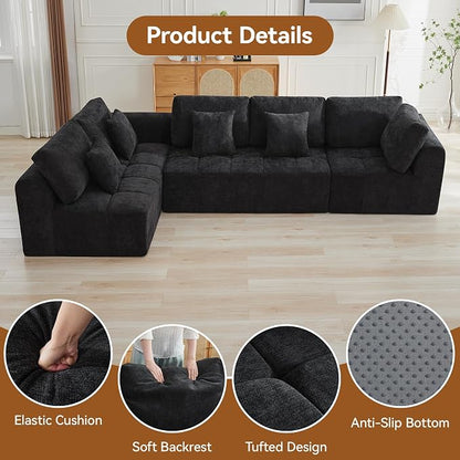 140''Modular Sectional Couches for Living Room, Cloud Boneless Compressed Sectional Sofa, Oversized L Shaped 5 Seater Upholstered Memory Foam Sofa, No Assembly, Chenille Black