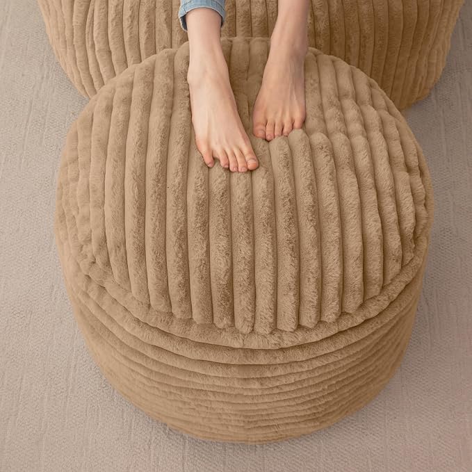 HIGOGOGO Round Stuffed Pouf Ottoman, Stripe Faux Fur Poufs with Foam Chunk Filling, Furry and Fluffy Pouf Foot Stool Storage Ottoman, 26 X 18 Floor Poufs Foot Rest for Living Room, Brown