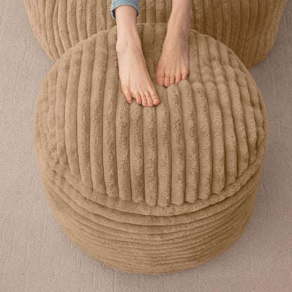 HIGOGOGO Round Stuffed Pouf Ottoman, Stripe Faux Fur Poufs with Foam Chunk Filling, Furry and Fluffy Pouf Foot Stool Storage Ottoman, 26 X 18 Floor Poufs Foot Rest for Living Room, Brown