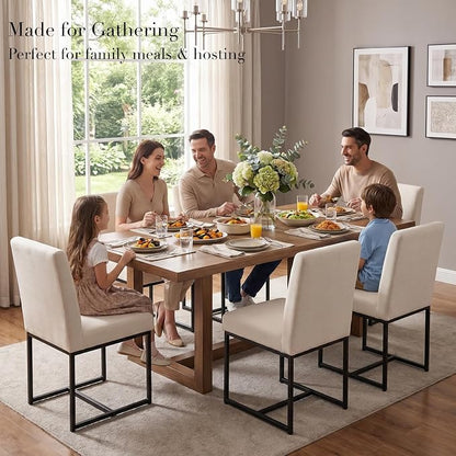 CIMOTA Modern Linen Dining Chair Set of 4, Mid Century Dining Room Chairs Fabric Upholstered Armless Side Chair with Black Sled Base for Dining Room, White Cream 4PCS