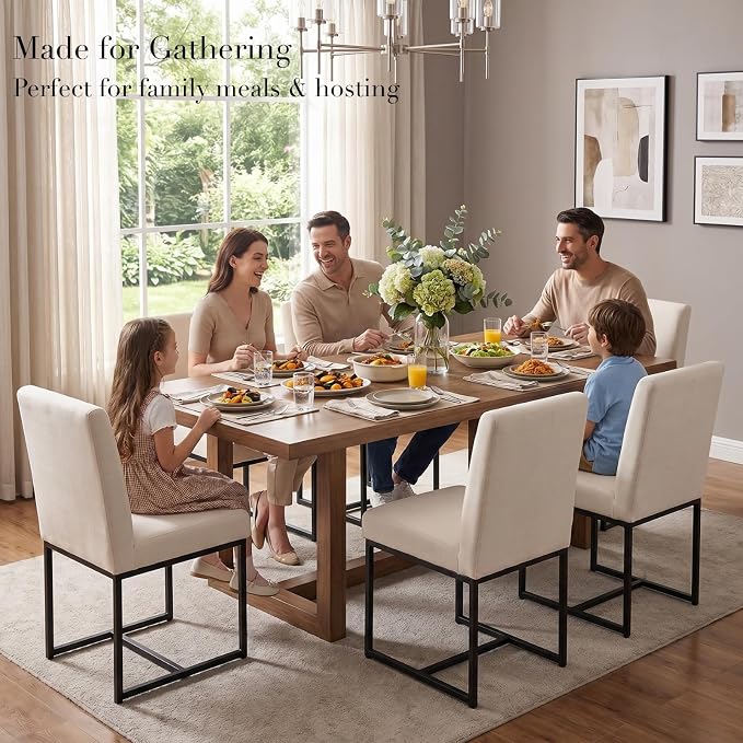 CIMOTA Modern Linen Dining Chair Set of 8, Mid Century Dining Room Chairs Fabric Upholstered Armless Side Chair with Black Sled Base for Dining Room, White Cream 8PCS
