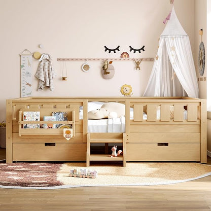 Bellemave Queen Size Bed with Slats and Stairs, Queen Size Platform Bed Frame with Fence, Bookshelf and Storage Drawers, Easy Assemble Beds for Girls, Boys, Light Natural