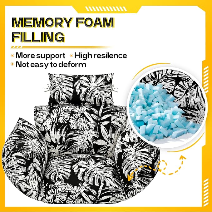 MAGIC ELEPHANT Egg Chair Cushion, Memory Foam Indoor Outdoor Hanging Egg Chair Cushion Replacement, Patio Basket Swing Cushion with Headrest (Black Monstera)