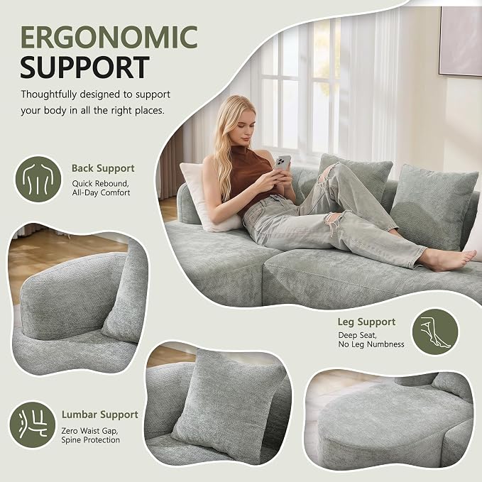 Modular Sectional Boneless Couches, Cloud Sectional Couch with L-Shape Curved Chaise, Modern Comfy Chenille Sofa with Deep Seat for Living Room, Bedroom, No Assembly Required (GreenB)