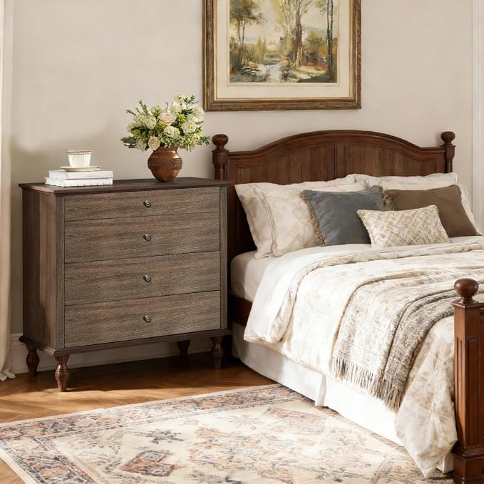 ALEVINE 40" Deep Rustic Brown Accent Chest with 4 Drawers, Farmhouse Wooden Dresser with Copper Handles