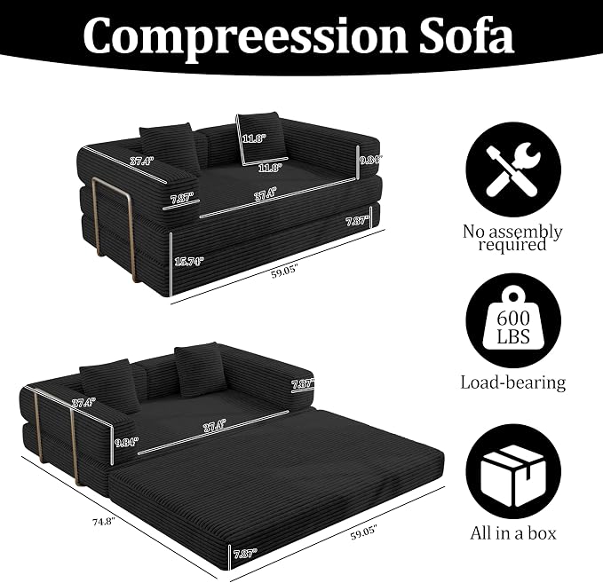 BSHOMGI 59 Inch Convertible Sofa Bed, 4-in-1 Futon Sofa Bed Pull Out Sleeper Couch, Modular Couches Bed for Living Room, Corduroy Boneless Loveseat for Bedroom, Apartment, No Assembly, Black, 2 Seat