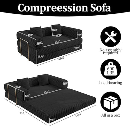 BSHOMGI 59 Inch Convertible Sofa Bed, 4-in-1 Futon Sofa Bed Pull Out Sleeper Couch, Modular Couches Bed for Living Room, Corduroy Boneless Loveseat for Bedroom, Apartment, No Assembly, Black, 2 Seat