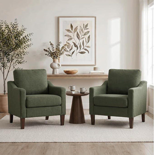 VKNOW Mid-Century Accent Chairs Set of 2, No Tools Assembly Required, Modern Upholstered Polyester Armchairs for Living Room & Bedroom, Comfortable Reading Chairs with Wood Legs, Green