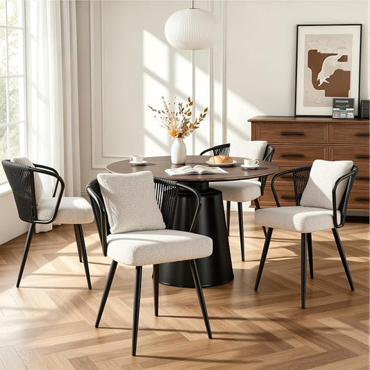 Rope Weaving Dining Chairs Set of 4, Modern Rattan Upholstered Kitchen Chair with Metal Legs, Ergonomic Curved Backrest, Living Room Chairs with Throw Pillow for Kitchen, Black