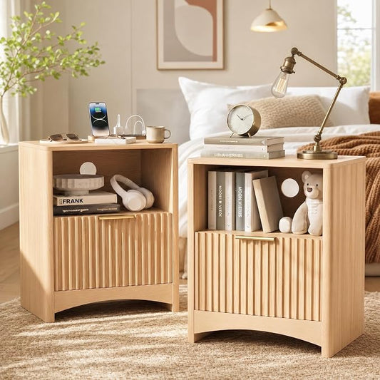 Marsail Fluted Nightstand Set of 2, Wooden Nightstands with Drawers, Modern Bedside Table with Charging Station and Storage, End Table with Storage Side Table for Bedroom, Oak