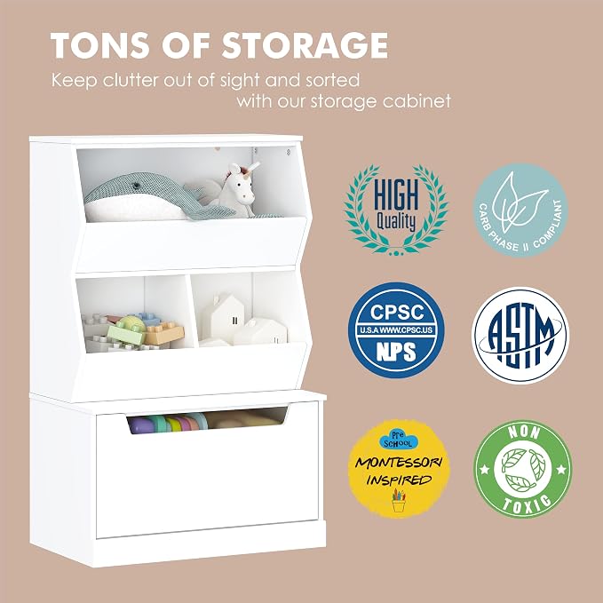 UTEX Slanted Kids Toy Storage Organizer, Children Storage Cubby with Drawer | Kids Bookshelf and Bookcase, Full-Width Smooth Drawer, Perfect Height for Kids, Toy Room, Playroom, Nursery, Wood, White