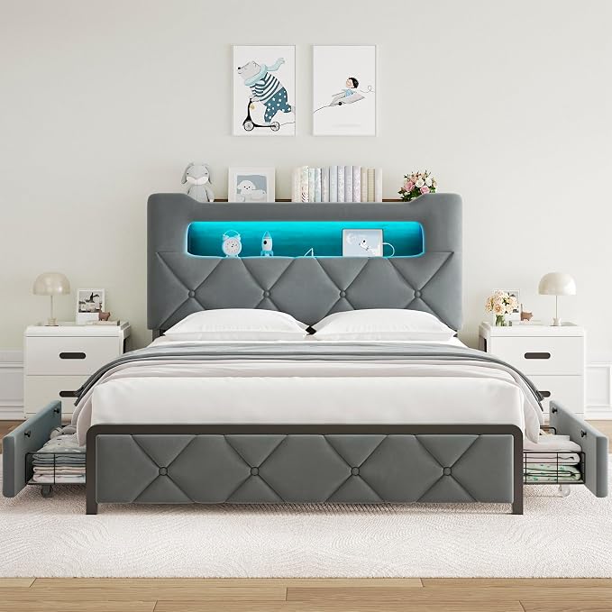 Jocoevol Full Upholstered LED Bed Frame with 2 Storage Drawers and 2-Tier Storage Headboard, Velvet Platform Bed with Charging Station & Bookcase, Corner Bed Frame, Heavy Duty Metal Support, Grey