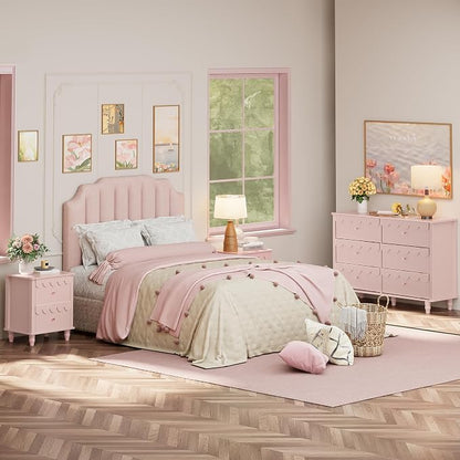 Anbuy Bedroom Sets Scalloped 6 Drawer Dresser and Night Stand Sets for Bedroom, Two Drawers Nightstand Set of 2 & 6 Drawer Dresser Combo 3 Pieces (Pink)