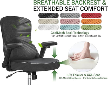 Ergonomic Office Chair - Desk Chair with Adjustable Lumbar Support Computer Chair - Mesh Comfy Chair with Flip-up Armrests - Gaming Chairs for Adults Home Office (Leather, Black)
