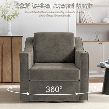 Swivel Accent Chair, 360° Swivel Upholstered Club Armchairs for Living Room, Comfy Single Sofa Reading Chair with Deep Seat, Metal Swivel Base, Chenille Fabric, Sand