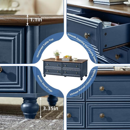 RWYHG 48" Farmhouse Coffee Table with Hidden Storage,Wooden Coffee Tables with 4 Drawers & Roman Column Handle,Rectangular Rustic Center Table with Solid Wood Curved Legs for Living Room,Office,Blue
