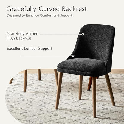 Upholstered Dining Chairs Set of 6, Fabric Dining Room Chairs with Curved Backrest, Solid Wood Legs, Modern Kitchen Chairs for Dining Room Living Room, Black