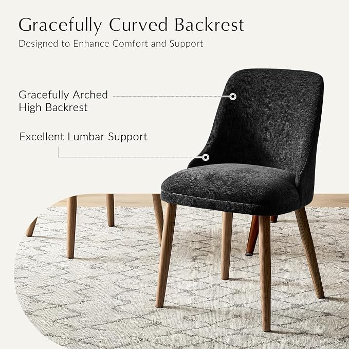 Upholstered Dining Chairs Set of 4, Fabric Dining Room Chairs with Curved Backrest, Solid Wood Legs, Modern Kitchen Chairs for Dining Room Living Room, Black
