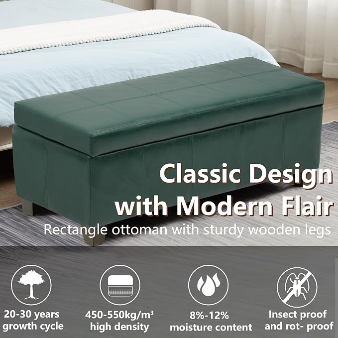 51 Inch Storage Ottoman, Storage Bench with Safety Hinge, Upholstered Synthetic Leather Ottoman Bench for Bedroom, Living Room, Entryway, Hallway, Foot Rest, Support 500lbs