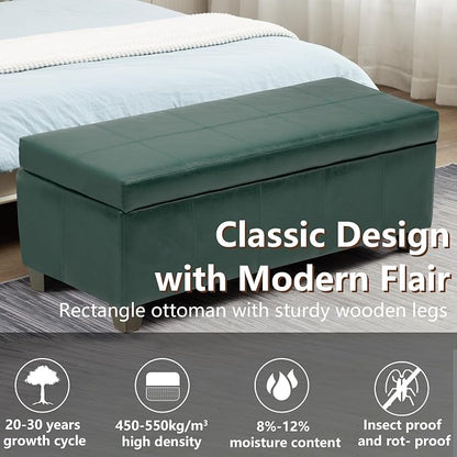 51 Inch Storage Ottoman, Storage Bench with Safety Hinge, Upholstered Synthetic Leather Ottoman Bench for Bedroom, Living Room, Entryway, Hallway, Foot Rest, Support 500lbs