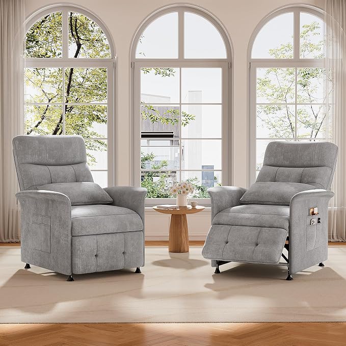 Power Recliner Chair for Adults with Heat & Massage - Soft Fabric Electric Reclining Sofa with Remote Control, 3 Side Pockets, 180° Lay Sleeper for Home Theater Living Room, Light Grey