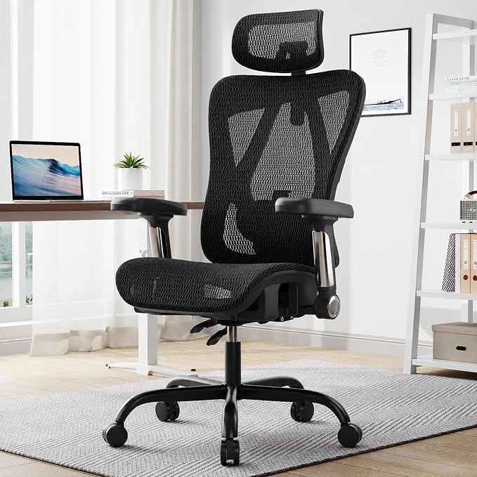 Ergonomic Office Chair, Full Mesh Desk Chair with 5D Armrests, Adjustable Lumbar Support and Headrest, 135° Stepless Reclining Backrest, Home Office Computer Chair