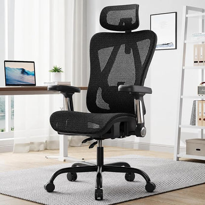 Ergonomic Office Chair, Full Mesh Desk Chair with 5D Armrests, Adjustable Lumbar Support and Headrest, 135° Stepless Reclining Backrest, Home Office Computer Chair