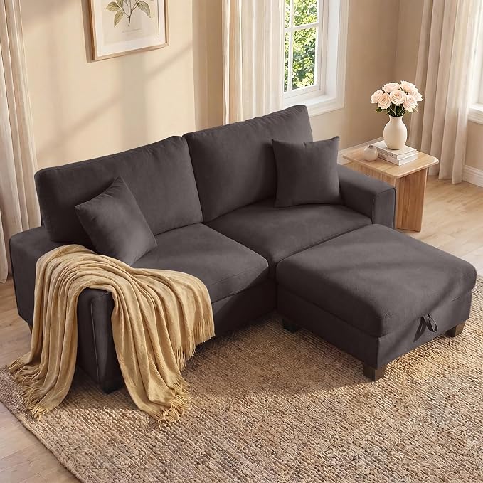 DOPEDIO L-Shaped Sectional Sofa with Storage Ottoman, Modern Chenille Recliner Loveseat, Removable Couch Covers, Pocket Spring Cushions, Solid Wood Frame, Easy to Install (71.25inch, Dark Grey)