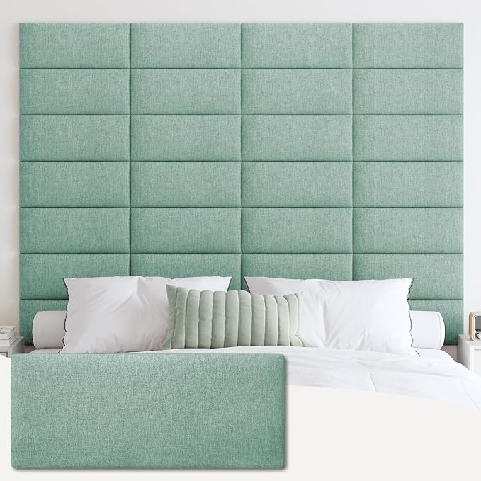 IFNOW Upholstered Wall Mounted Headboard, 3D Soundproof Wall Panels Peel and Stick for King Size, Reusable and Removable Tufted Bed Headboard in Grass Green (12 Panels, 10" x 24")