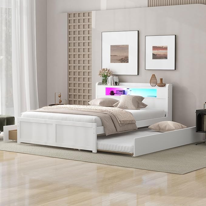 GDFStudio Queen Size Storage Bed with LED Headboard, 2 Drawers and Twin Trundle, Modern Wooden Platform Bed Frame for Bedroom Organization, No Box Spring Needed, Easy Assembly, White
