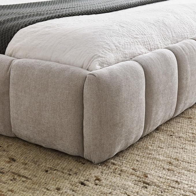 KEIKI Queen Thick Chenille Platform Bed Frame with Upholstered Tufted Headboard, Modern Solid Wood Floor Platform for Bedroom, No Box Spring Needed