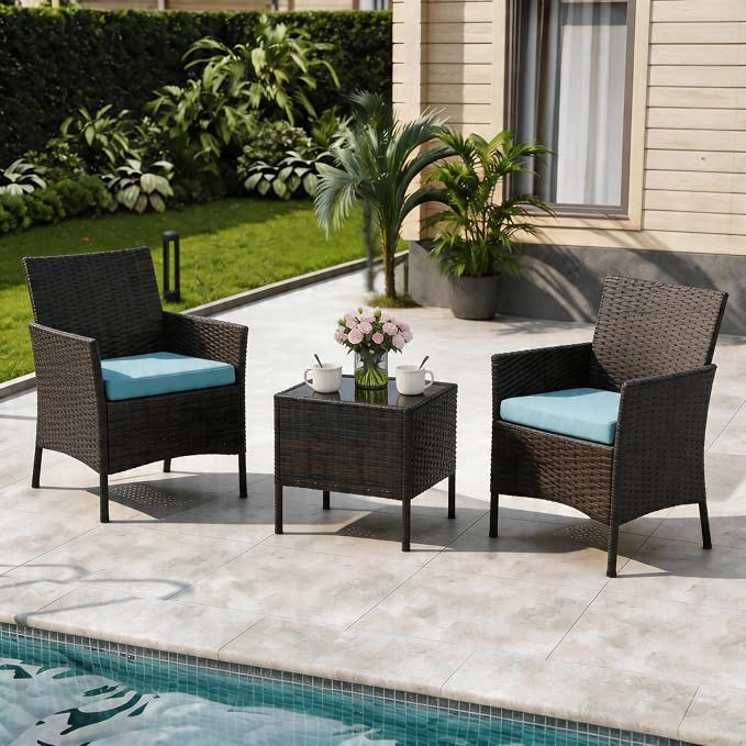 GAOMON 3-Piece Patio Furniture Set, Modern PE Rattan Conversation Set with 2 Chairs & Tempered Glass Coffee Table, All-Weather Outdoor Seating for Garden, Porch, Balcony, Poolside, Blue