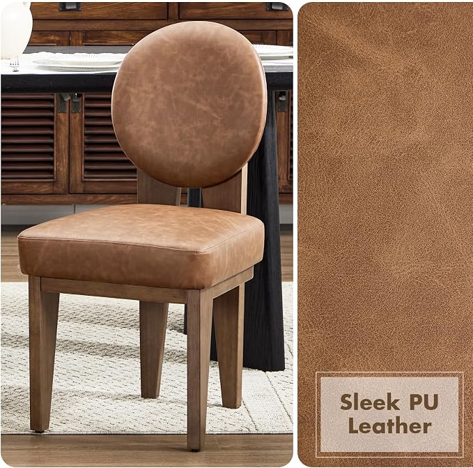 Hyfirm Mid-Century Modern Walnut Dining Chairs Set of 2, Vintage Brown Leather Wooden Kitchen Chairs, Retro Upholstered PU Cushioned Seat with Curved Backrest, Armless Accent Side Chair for Bedroom