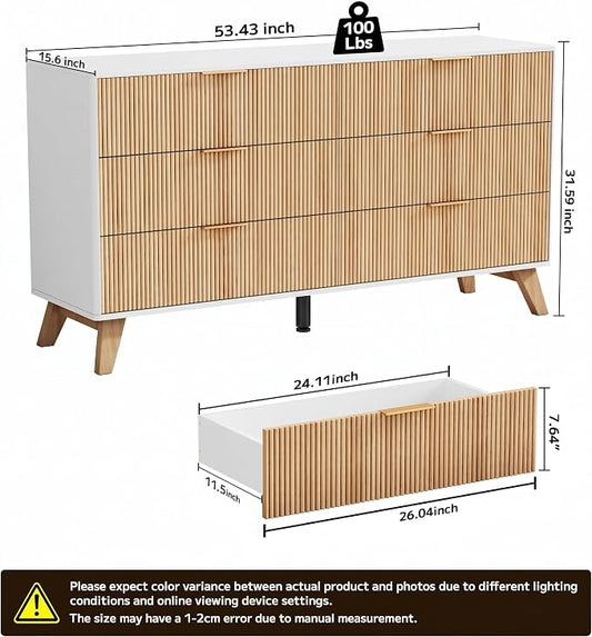 6 Drawer Dresser, 53.43 Inch Fluted Wood Double Dresser with Metal Handles Curved Design Wide Storage Organizer Cabinet Mid Century Modern Chest Dressers for Bedroom Living Room Entryway