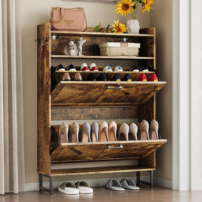 BORNOON Shoe Cabinet with 2 Flip Drawers Narrow Shoe Storage Cabinet Organizer Wooden Freestanding Rack Hidden Slim Storage for Entryway, Hallway, Living Room, Bedroom (Brown)