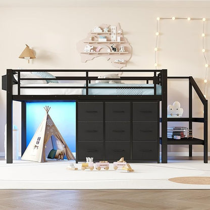 Bellemave Twin Size Low Loft Bed with 9 Fabric Storage Drawers for Kids,Metal Loft Bed Frame with Stairs and LED Lights for Boys Girls,Kids Loft Bed Twin Size,Black
