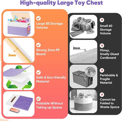 Mabahoo Large Toy Box, Collapsible Sturdy Storage Chest With Lids, Kids Toy Chest Storage Organizer Toddler Bin Boxes for Living Room, Bedroom, Nursery, 25"x13"x16", Purple & White