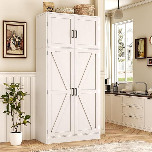Unikito 71” Tall Storage Cabinet, Large Farmhouse Kitchen Pantry Storage Cabinet with Adjustable Shelves and Barn Doors, Versatile Storage Cupboard for Dinning Room, Bathroom, Living Room, White