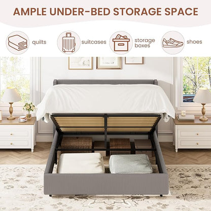 Garvee Full Lift Up Storage Bed Frame, Corduroy Upholstered Platform Bed with Gas Lift, Padded Headboard, Wooden Slat Support, No Box Spring Needed, Easy Assembly, Taupe Grey
