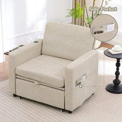 3 in 1 Folding Convertible Sleeper Sofa Bed Pull Out Couch with Side Pockets USB Port Side Table Single Sofa Bed with Adjustable Backrest for Living Room Bedroom 66" 66" Lightbrown 1 SEAT