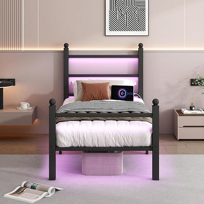 CLIBFENG Twin Bed Frame with Headboard and Footboard,Steel Slats Support-LED Bed Frame with USB Charging Station,Mattress Foundation-Under Bed Storage,No Box Spring Needed,Noise Free,Black