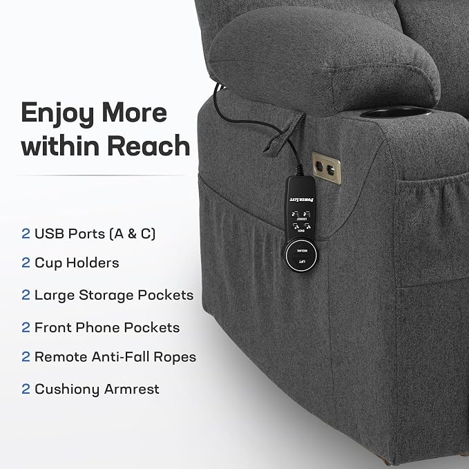 Tami Tami Dual Motor Power Lift Chair Recliner for Elderly with Massage and Heat, Infinite Position Electric Lift Recliner with USB A&C, Cup Holders (T6012 - Linen Fabric, Gray, Oversized)