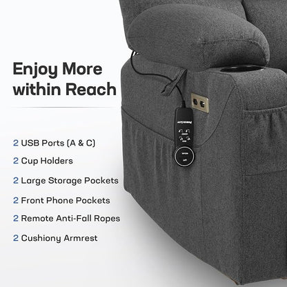 Tami Tami Dual Motor Power Lift Chair Recliner for Elderly with Massage and Heat, Infinite Position Electric Lift Recliner with USB A&C, Cup Holders (T6012 - Linen Fabric, Gray, Oversized)