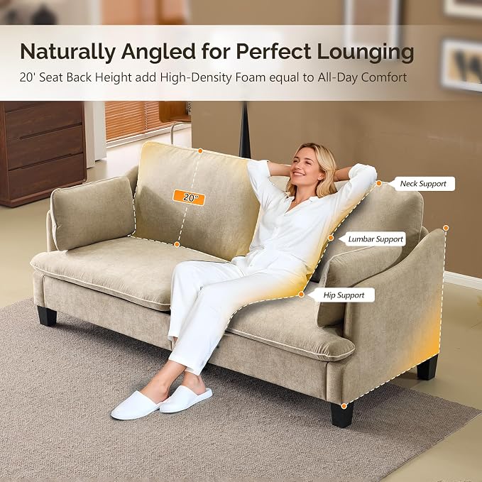 VINGLI 84" Extra Deep Seat Sofa Couch, 3 Seater Upholstered Living Room Couches with 2 Piped Seater Cushions, Throw Pillows, Modern Linen Velvet Fabric Sofa for Apartment Bedroom Office