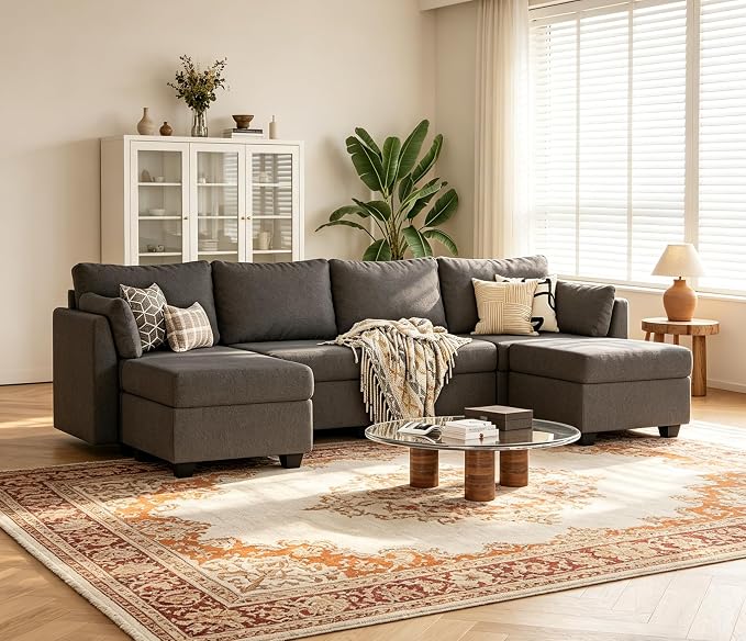 Huatean Home 114.17" Modular Sectional Sofa, 6 Seat Modular Couch with Storage, Memory Foam, Convertible Sectional Couches for Living Room, U Shaped Comfy Modular Sofa with Chaise, Dark Grey